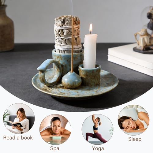 4-in-1Blue Ceramic Palo Santo Burner Holder - Small Incense Burner & Smudge Tray Bowl for Incense Sticks/Cones & Sage - Ideal for Meditation Rooms,Zen and Aromatic Scents - Matches Compatible - color: Palo-incense-dish-blue