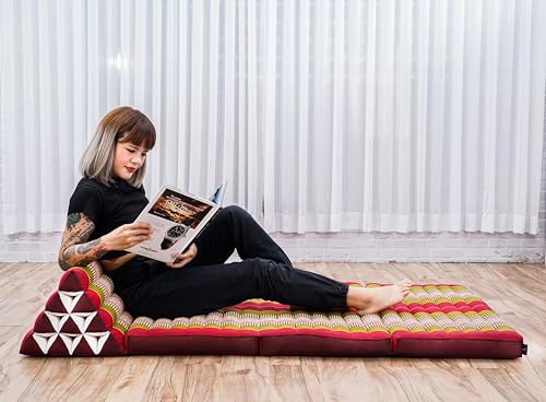 Leewadee Comfortable Japanese Floor Mattress - Thai Floor Bed with Triangle Cushion - Futon Mattress - XL Extra Wide Thai Massage Mat, 67 x 31 inches, Green Red, Kapok Filling - color: Sf11 - Red, Green, size: 3 seating segments XL