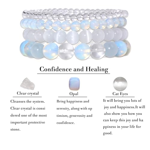 4pcs Beaded Bracelets for Women,Natural Healing Crystal Gemstones Bracelet,Anxiety Stress Relief Bracelet Handmade purple Jewelry Gifts for Women - color: Clear crystal&Opal&Cat Eyes