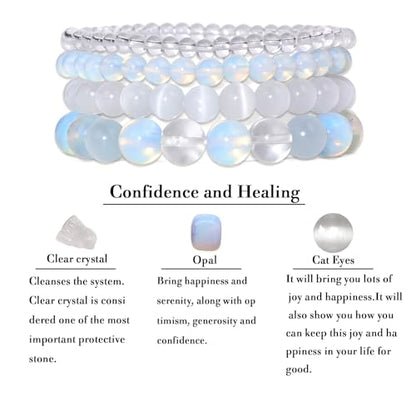 4pcs Beaded Bracelets for Women,Natural Healing Crystal Gemstones Bracelet,Anxiety Stress Relief Bracelet Handmade purple Jewelry Gifts for Women - color: Clear crystal&Opal&Cat Eyes