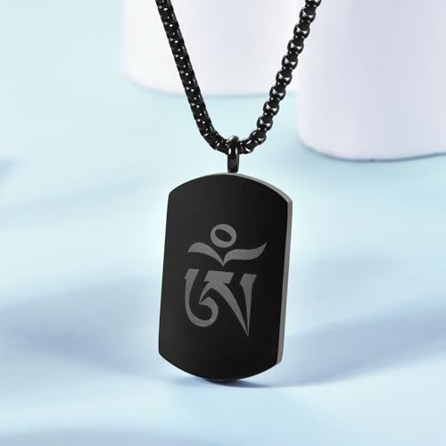 Om Mani Padme Hum Totem Column Necklace for Men and Women, Stainless Steel Meditation and Healing, Six-Word Buddhist Pendant Jewelry - color: Six Word-C