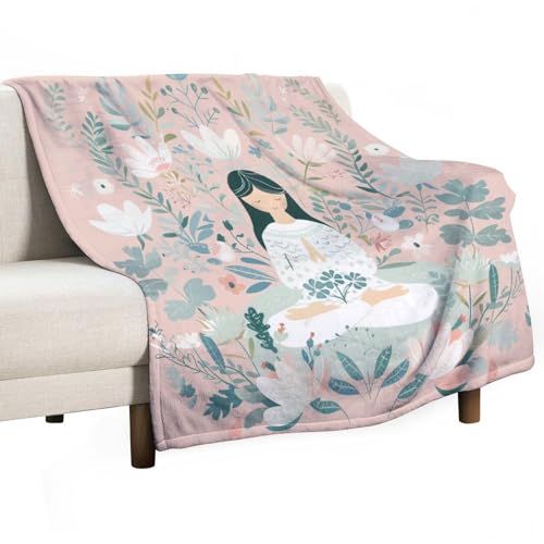 Cartoon Meditation Woman Throw Blanket, Soft Cozy Warm Flannel Cute Lotus Flower Botanical Blanket for Couch Sofa Bed, 40"x50" - color: Cartoon Meditation Woman, size: 40"x50"