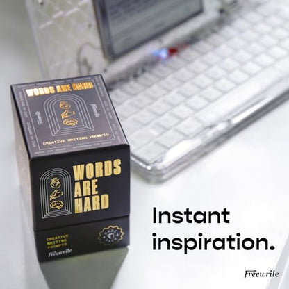 Freewrite Words are Hard Writing Prompt Deck | 150 Creative Writing Prompts for 8 Genres | Gifts for Writers with Inspiring Illustrations | Storytelling Cards with a Custom Wooden Stand