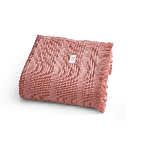 Mira Waffle Throw Blanket with Tassels - 50x66 Inch - 100% Turkish Cotton Tencel Breathable Blend Lightweight Blanket for Couch, Sofa, Bed - color: Salmon