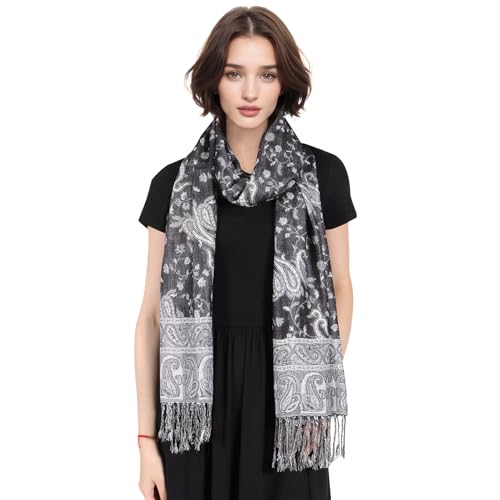 MUQU Women Pashmina Shawls and Wraps Scarf Soft Silky Reversible Paisley Scarves Shawl for Women - color: Black+white