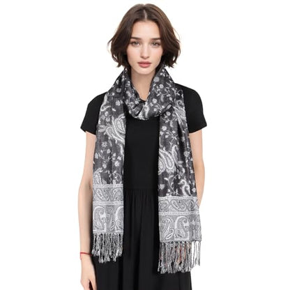MUQU Women Pashmina Shawls and Wraps Scarf Soft Silky Reversible Paisley Scarves Shawl for Women - color: Black+white