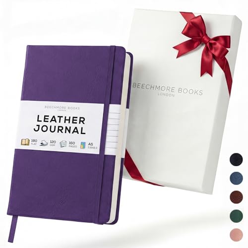 BEECHMORE BOOKS Premium Lined Journal Notebook, 5" x 8" (A5) Hardcover Vegan Leather Personal Diary, Thick 120gsm Ivory Cream Paper, Gift Box for Men & Women - color: Royal Plum, size: A5 - 5.8" x 8.3" Medium