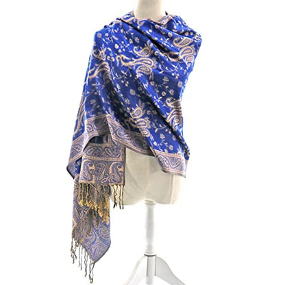 Ciormis Two Tone Silky Paisley Pashmina Shawl Scarf,Soft Women's Rave Jacquard Pashminas Wrap Scarves - color: Style1 -Royal Blue Paisley