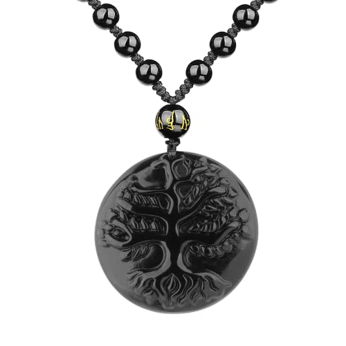 Black Obsidian Necklace Protection Pendant with Extended Bead Chain Healing Crystal Stone Amulet Necklace for Men Women - color: Tree of Life