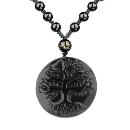 Black Obsidian Necklace Protection Pendant with Extended Bead Chain Healing Crystal Stone Amulet Necklace for Men Women - color: Tree of Life