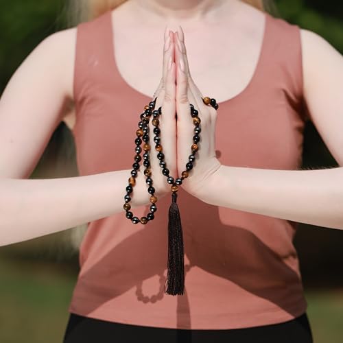 8mm Triple Protection Mala – Black Obsidian, Tiger Eye & Hematite 108 Bead Meditation & Prayer Necklace with Lab Certified Authenticity