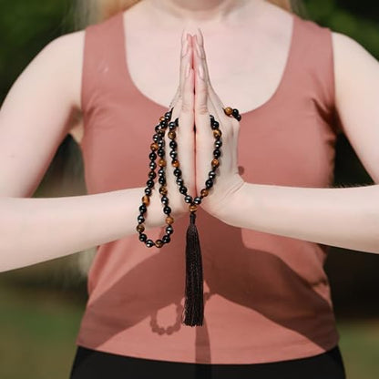 8mm Triple Protection Mala – Black Obsidian, Tiger Eye & Hematite 108 Bead Meditation & Prayer Necklace with Lab Certified Authenticity