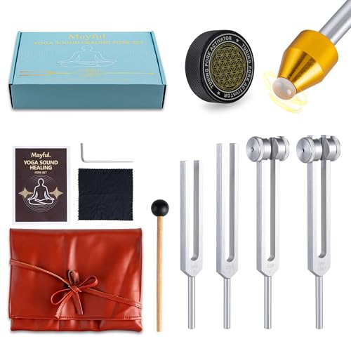 Tuning Forks for Healing Set - 128Hz, 136Hz, 256Hz, 384Hz with Activator & Crystal Base - Weighted & Unweighted Sound Therapy Tools for Chakra, Yoga, Meditation - All-in-One Premium Leather Pouch - color: Silver-2