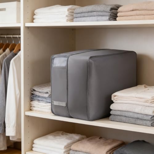Medium Foldable Storage Bag, 11.8x20.5x16.5in Two Floors Organizer Bag with Sturdy Handles, Zipper Closure, for Comforters, Bedding, and Seasonal Clothes (Grey)