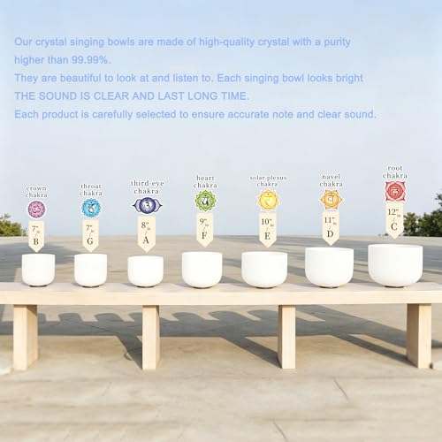 Hye-eun 432Hz White Frosted Crystal Singing Bowls Set 7-12Inch 7PCS Quartz Chakra Sound Bowls for Meditation Sound Healing Yoga Reiki with 2 Purple Carrying Bags - color: 7-12inch 432hz White 7pcs