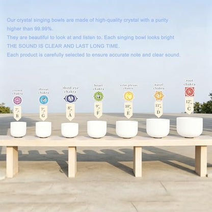 Hye-eun 432Hz White Frosted Crystal Singing Bowls Set 7-12Inch 7PCS Quartz Chakra Sound Bowls for Meditation Sound Healing Yoga Reiki with 2 Purple Carrying Bags - color: 7-12inch 432hz White 7pcs