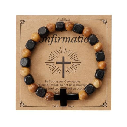 MILAKOO Wooden Bracelet with Black Stainless Steel Cross Charms Bead Christian Gifts for Women Men - color: A5