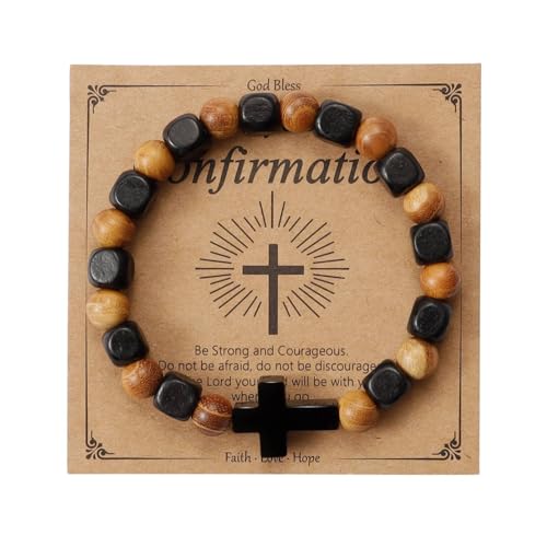 MILAKOO Wooden Bracelet with Black Stainless Steel Cross Charms Bead Christian Gifts for Women Men - color: A5