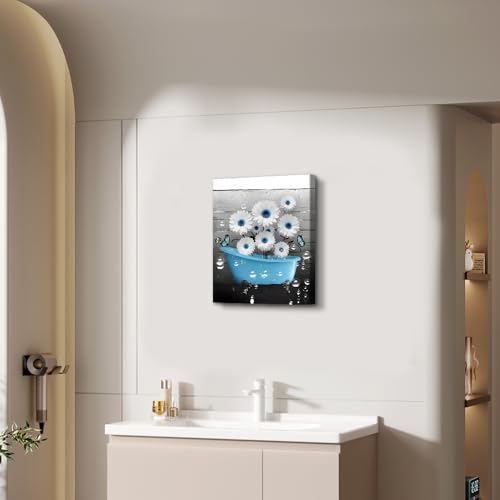 Blue Bathroom Wall Art Canvas Prints Farmhouse Wall Deocr,Blue Tub Flower Posters Washroom Aesthetic Decoration 12x16inch Framed - color: Framed-blue Tub Flower Wall Art