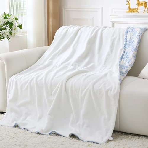 Viviland Cotton Muslin Blanket, Queen Size 90 x 90 Inches, Blue Nerrah | Reversible Fleece, Lightweight, Breathable Gauze - color: Blue Nerrah, size: Queen Size (90 X 90 Inches)