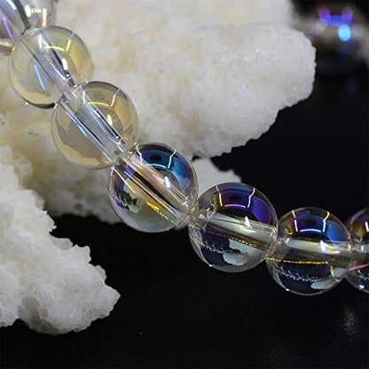 Angelstones Handmade Natural Healing Gemstone 6mm Round Beads Stretch Crystal Bracelet 7 Inch Unisex - color: Aqua Aura Clear Quartz