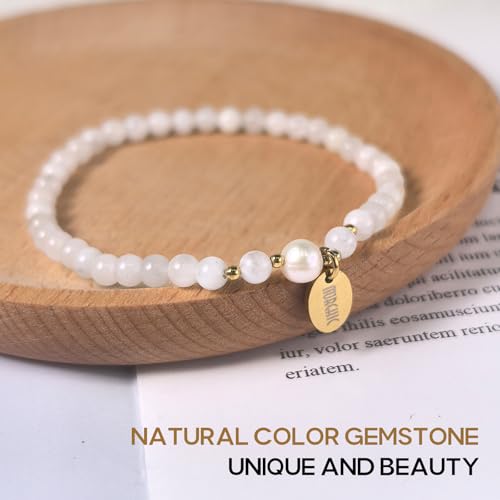 Morchic 4mm Natural Gemstone Beads Stretch Bracelet for Women, With Freshwater Pearls, Energy Gem Birthday Gift for Her 7.2” - color: Moonstone