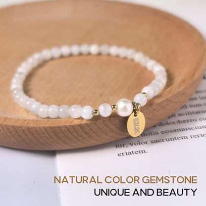Morchic 4mm Natural Gemstone Beads Stretch Bracelet for Women, With Freshwater Pearls, Energy Gem Birthday Gift for Her 7.2” - color: Moonstone