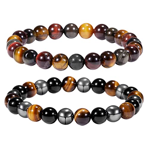 Bivei Natural Gemstone Semi Precious Healing Crystals Handmade Stretchy Round Beads Bracelet,Stocking Stuffers for Women Enhance Positive Energy - color: 8mm Triple Protection Set, size: Medium: 6.8-7.24 inch