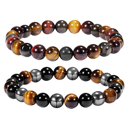 Bivei Natural Gemstone Semi Precious Healing Crystals Handmade Stretchy Round Beads Bracelet,Stocking Stuffers for Women Enhance Positive Energy - color: 8mm Triple Protection Set, size: Medium: 6.8-7.24 inch