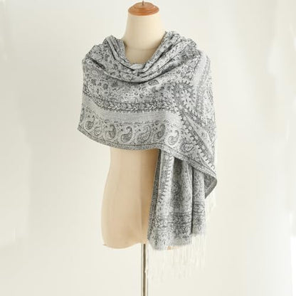 Paisley Pashmina Rave Shawl Scarf-Women's Reversible Ethnic Jacquard Pashmina Wraps for Travel - color: C#.silver White