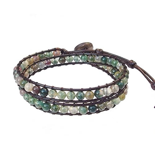 Genuine Stone Wrap Bracelets for Women Natural Crystal Beaded Wrap Bracelet 2/3/5 Adjustable Bohemian Bracelets Jewelry Gifts for Women Mom - color: Indian agate(2 wraps)