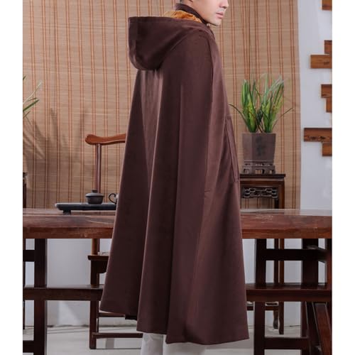 Meditation Prayer Hooded Cloak Long Button Down Unisex Cape Double Layer Warm Medieval Coat Poncho - color: Coffee, size: Medium