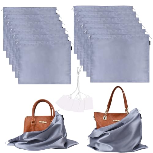 12 Pack Dust Bags for Handbags, Silk Cloth Bag With Drawstring Large Travel Storage Pouch for Handbag Purse Shoes Boots - color: 12 Pack Grey