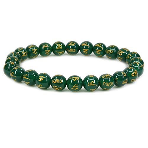 Keleny Gem Semi Precious Gemstones 8mm Natural Stone Round Beads Crystal Stretch Bracelets 7 Inch Unisex - color: 8mm Dyed Green Agate Six Words