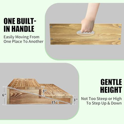Wooden 2 Step Stool for High Beds, Moderate & Applicable 2-Step Stools for Seniors, Solid Wood steppingStool, Built-in Handle for Easy Carrying, 25.6" W - size: 25.6" W