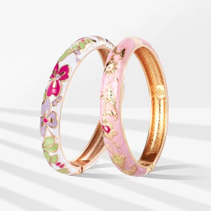 UJOY Classic Cloisonne Bracelets Enamel Jewelry Plated Bamboo Flower Cuff Metal Bangle for Women Gift Box - color: A100-Flower-Pink and White