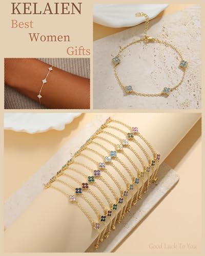 Birthstone Gold Clover Bracelet Dainty 14K Gold Plated Cute Friendship Stackable Bracelets for Women No Tarnish Trendy Charm Best Friend Bracelet Stack for Birthday Jewelry - color: 03. March(Aquamarine)