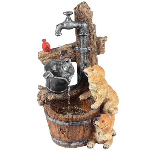 LuxenHome Water Fountain Outdoor, 30" Rustic Outdoor Water Fountain with LED Lights, Rustic Barrel Puppy and Pump Water Feature Outdoor, Garden Fountains Outdoor Patio, Porch, or Indoor Entryway - color: Brown/Yellow
