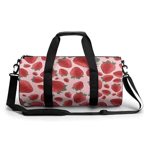 Strawberry Fruit Pink Cylindrical Portable Fitness Bag, Large Capacity Handbag - color: Strawberry Fruit Pink
