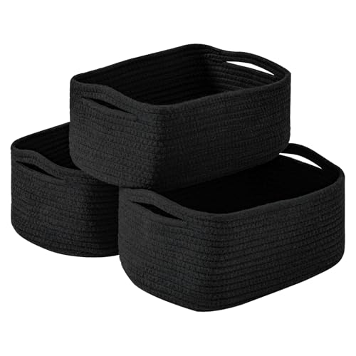 ICERZCZ Small Black Baskets for Organizing, Storage Baskets for Shelves, Small Woven Cotton Rope Basket for Storage, Basket for Gifts Empty, 13"×8.5"×5.1" (3 Packs) Black - color: Black, size: 13"×8.5"×5.1"