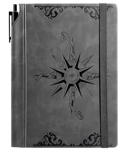 CAGIE Compass Leather Journal Gift for Men - Vintage Writing Notebook with Pen, 100 GSM 288 Page Lined Journal A5 Hardcover, 180° Lay Flat, Daily, Travel, Office & Gift Idea - color: Gray