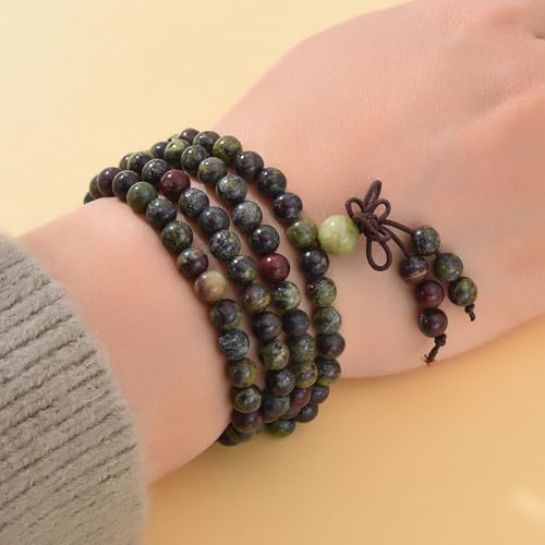 108 Mala Prayer Beads Bracelet 6mm Genuine Gemstone Healing Crystal Stone Beaded Bracelet Buddhist Tibetan Handmade Knotted Elastic Necklace for Yoga Meditation Unisex Women Men