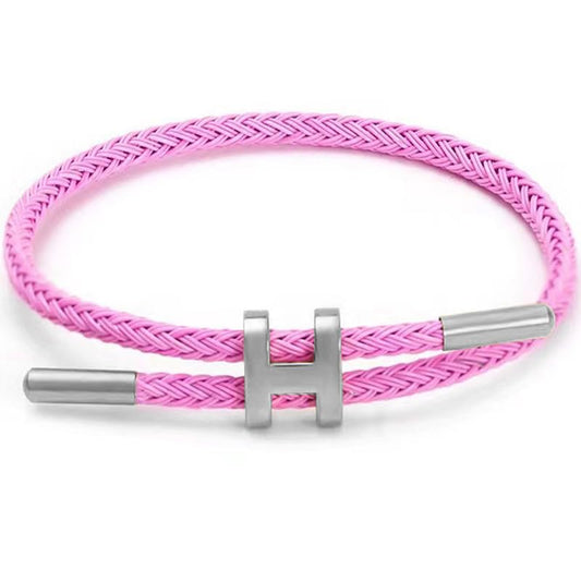 OSIRIDEH2 Bracelet with Adjustable Design Polished H Shape Buckle, Bracelets for Women, 18k Gold-plated Buckle Design Titanium Steel Wire Rope Women's Gift Jewelry - color: Pink Silver