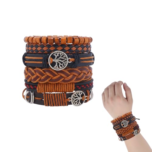 6Pcs Braided Bracelets for Men Women Wrap Wood Beads Cuff Handmade Wrap Wristband Bracelets Set Adjustable