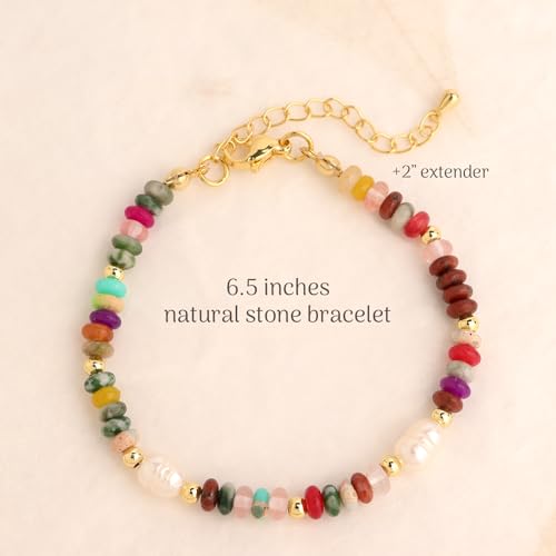 Gold Gemstone Beaded Bracelets for Women, Trendy Boho Handmade Crystal Natural Stone Beads Bracelet Summer Beach Bohemian Jewelry Gift