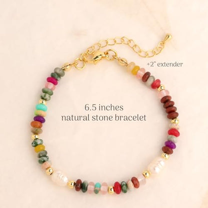 Gold Gemstone Beaded Bracelets for Women, Trendy Boho Handmade Crystal Natural Stone Beads Bracelet Summer Beach Bohemian Jewelry Gift