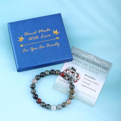 Bymitel Handmade Reiki Gemstone Stretch Bracelet, 4/6/8mm Natural Beauty & Spiritual Essence, Crystal Healing for Unisex Adults - color: African Bloodstone（ Stone of Vitality and Courage ）, size: 8mm
