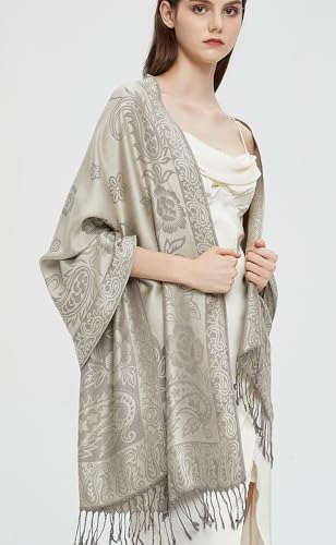 Pashmina Shawl Wrap with Ethnic Paisley Two Tone Jacquard Scarf for Women - color: Paisley-cream