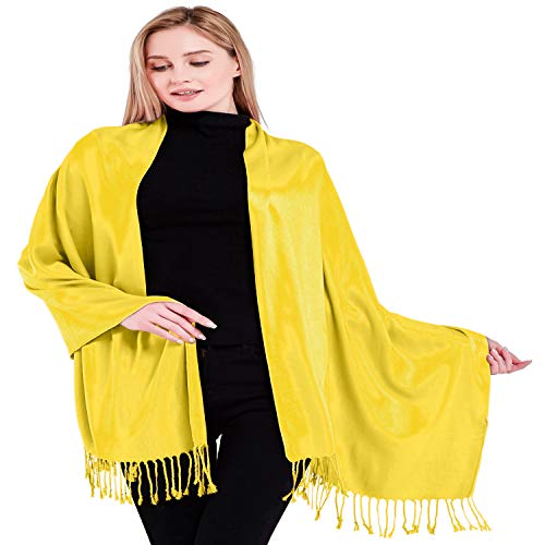 CJ Apparel Solid Color Tassels Design Nepalese Shawl Scarf Wrap Stole Throw Head Wrap Pashmina Gift Hand Made in Nepal New - color: Yellow