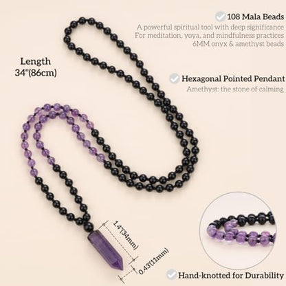 COAI Handmade 108 Beads Mala Necklace for Women, Green Aventurine/Amethyst Onyx 7 Chakra Necklace for Women - style: Onyx & Amethyst
